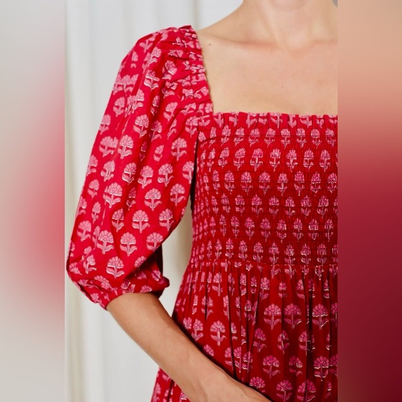 Ophelia & Indigo Red & Pink hydrangea square neck, midi bohemian dress - Picture 5 of 6